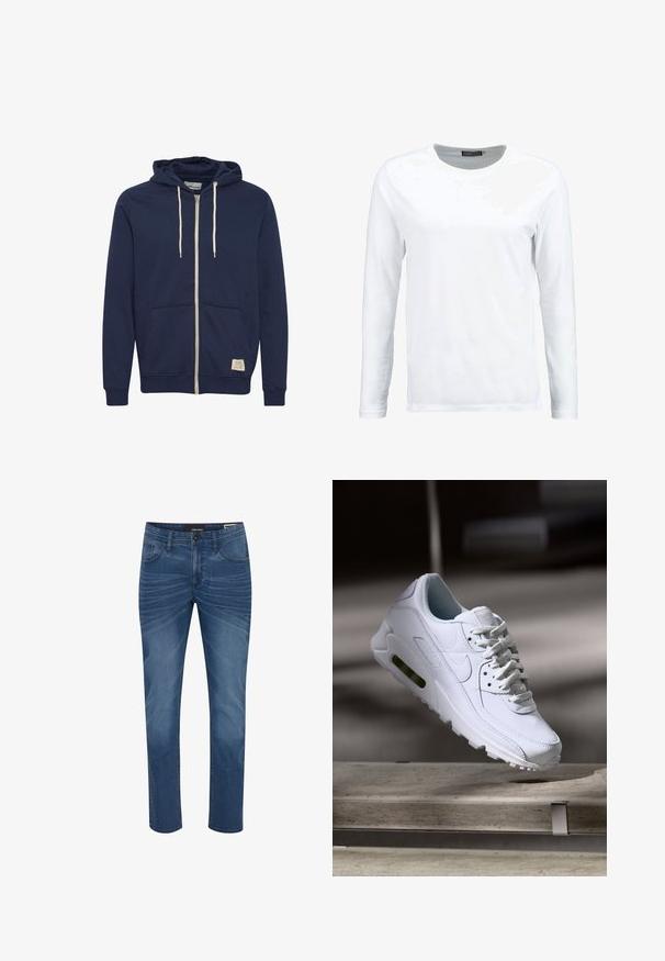 Marineblaue Kapuzenjacke mit Reißverschluss, weißen Kordeln, Fronttaschen, gerippten Bündchen und einem kleinen beigen Markenetikett am unteren vorderen Saum.; Weiße langärmlige T-Shirt aus Baumwolle, mit Rundhalsausschnitt und glatter Textur. Keine Muster oder Akzente. Schlichtes Design.; Denim-Jeans in einem mittleren Blauton mit geradem Schnitt. Zu den Merkmalen gehören das klassische Fünf-Taschen-Design und dezente Verblassungsmuster auf dem Stoff.; Weiße Lederturnschuhe mit strukturierten Oberflächen, gepolstertem Kragen und sichtbarer Luftpolsterung in der Sohle. Verfügt über Schnürsenkel und ein minimalistisches Design.