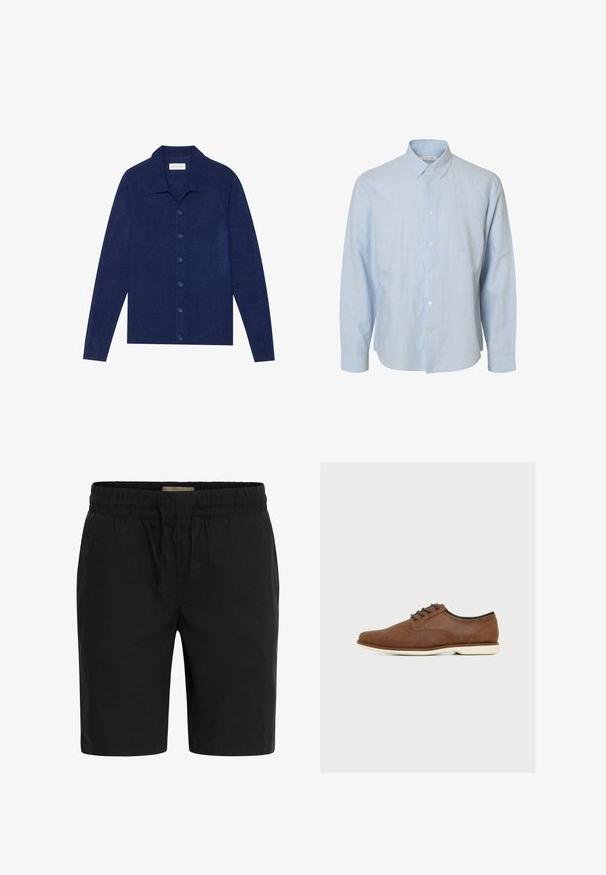 Cárdigan azul marino de botones, hecho de una tela texturizada, con cuello y mangas largas, y seis botones a juego.; Camisa de hombre de manga larga azul claro con cuello puntiagudo y botones blancos, mostrada sobre un fondo blanco.; Pantalones cortos negros hechos de una tela ligera, que cuentan con una cinturilla elástica con cordón y bolsillos laterales para mayor comodidad.; Zapato de vestir marrón de cuero con cordones, suela blanca, tacón bajo y paneles laterales con textura visto de perfil.