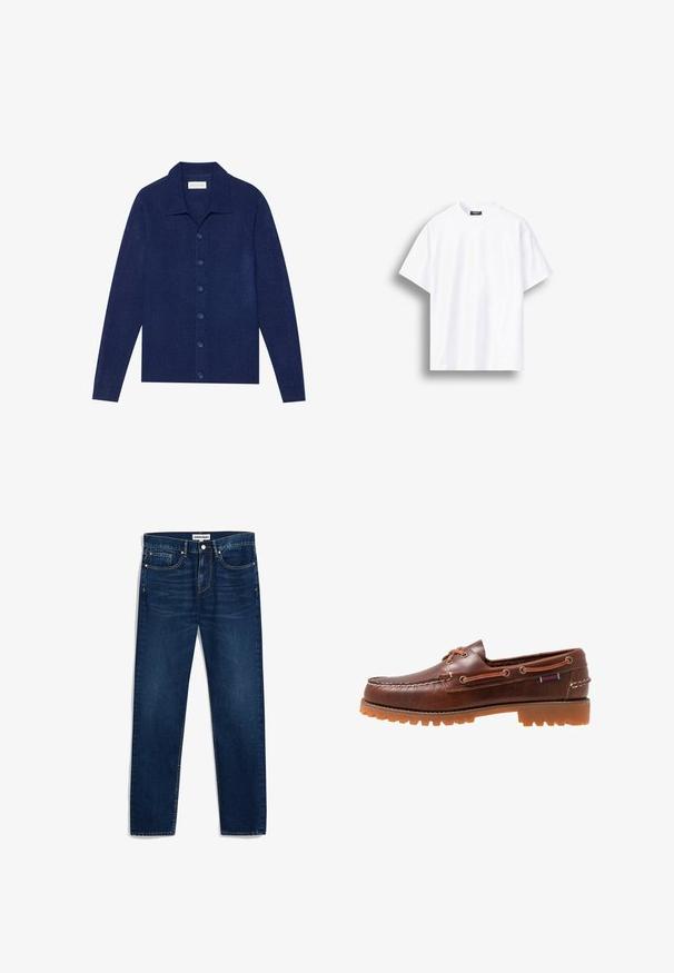 Maritiemblauwe, knoopsluiting cardigan van textuurstof, met een kraag en lange mouwen, voorzien van zes bijpassende knopen.; Eenvoudig wit T-shirt met korte mouwen en ronde hals, losse pasvorm, weergegeven tegen een witte achtergrond met schaduw aan de linkerkant.; Donkerblauwe denim jeans met een rechte snit, vijf zakken en contrasterende stiksels. Voorzien van een knoopsluiting en rits.; Bruine leren bootschoen met rubberen loopzool, veterogen en een gestikte bovenkant, voorzien van een verhoogd, gestructureerd patroon langs de teen.