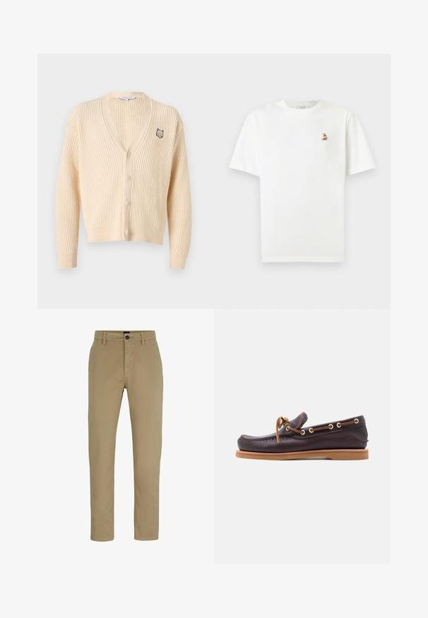 Cardigan de punto acanalado beige con mangas largas, escote en V, cierre con botones y pequeño bordado de cabeza de zorro en el pecho izquierdo.; Camiseta blanca de manga corta con un pequeño logo bordado de zorro en el pecho izquierdo y cuello redondo.; Chinos de algodón beige con un ajuste slim, frente plano y cierre de botón. Presenta trabillas para cinturón y bolsillos laterales para mayor funcionalidad.; Zapato náutico de cuero marrón oscuro con ojales dorados y detalles cosidos, con un collar acolchado y suela de goma color canela para mayor agarre.