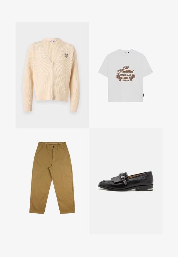 Cardigan en maille côtelée beige avec manches longues, col en V, fermeture à boutons et petite broderie de tête de renard sur le côté gauche de la poitrine.; T-shirt en coton blanc avec un design graphique marron comportant "Le Club Social Interdit" et des motifs de lion, col rond classique et manches courtes.; Pantalons baggy beiges en coton durable. Dotés d'une fermeture à bouton, d'un design à cinq poches et d'une étiquette sur la taille avec du texte.; Mocassin en cuir noir avec des détails en frange, accents en métal argenté, bout arrondi et un petit talon empilé avec un bord décoratif.