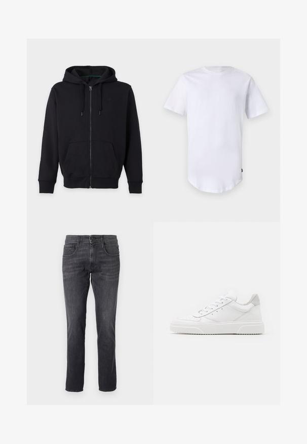 Sort zip-up hættetrøje med forlommer, lange ærmer, snøre i hætten og ribkanten ved ærmer og bund på en ensfarvet lys baggrund.; Hvid kortærmet t-shirt lavet af bomuld. Rund halsudskæring med en buet kant. Etiket synlig på nederste venstre side. Glat tekstur.; Mørkegrå jeans lavet af denim, med et klassisk fem-lomme design, lige pasform og metalknaplukning i taljen.; Hvide lædersneakers med en glat finish, rund tå, flade snørebånd og en struktureret sål. Grå ruskindsdetalje ved hælen.