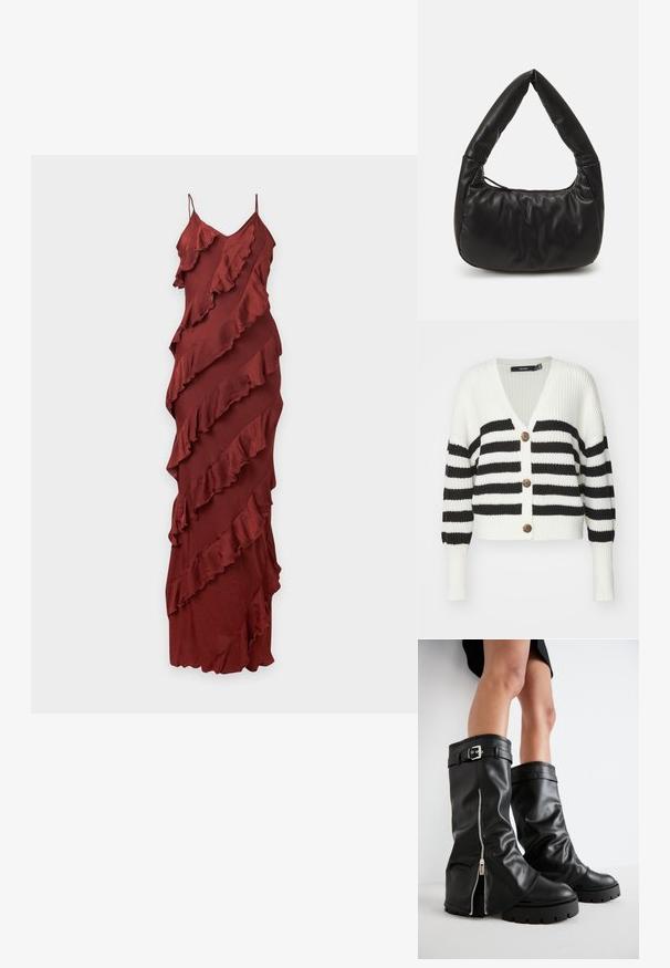 Schwarz-weiße gestreifte Strickjacke mit V-Ausschnitt, drei braunen Knöpfen und gerippter Textur. Sie hat lange Ärmel und eine kurze Passform.; Langes bordeauxfarbenes ärmelloses Kleid mit dünnen Trägern und diagonalen Rüschendetails auf schlichtem Hintergrund.; Schwarze Lederstiefel bis zum Knie mit weiter Schaftweite, seitlichem Reißverschluss und Schnallenakzent, strukturierter Oberfläche und robuster Gummisohle.; Schwarze Leder-Schultertasche mit lässigem Design, ausgestattet mit einem markanten, geknoteten Griff und einem Reißverschlussverschluss. Sanfte Textur über die gesamte Fläche.