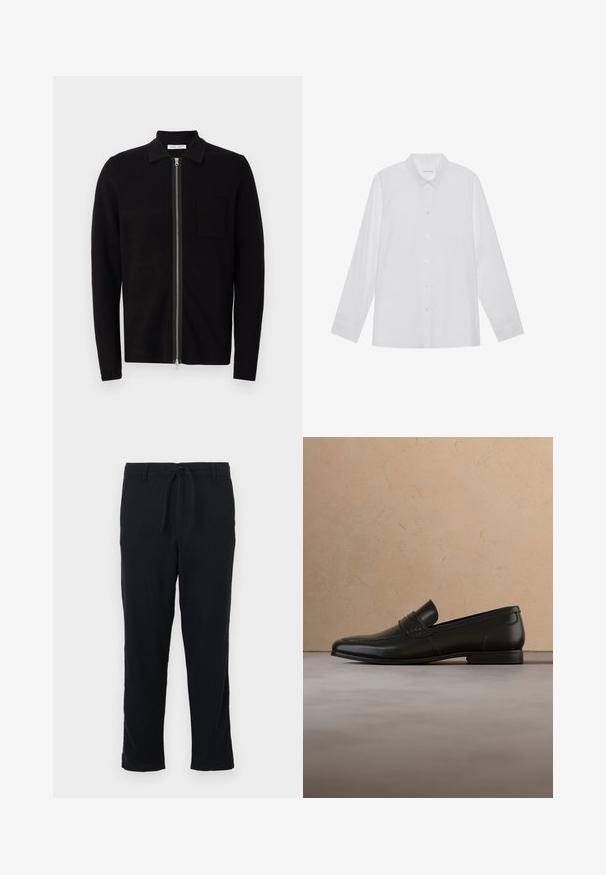 Sudadera negra con cremallera y cuello, y un bolsillo en el pecho. Fabricada en un suave tejido texturizado. Presenta una cremallera de longitud completa y mangas largas.; Camisa blanca de manga larga hecha de tela suave, con cuello puntiagudo, cierre frontal de botones y puños de un solo botón.; Pantalones negros de tela suave con cintura ajustable, diseño de pierna recta y dobladillo simple sin bolsillos ni adornos.; Zapato mocasín de cuero negro suspendido en el aire sobre una alfombra beige con un sofá beige de fondo.