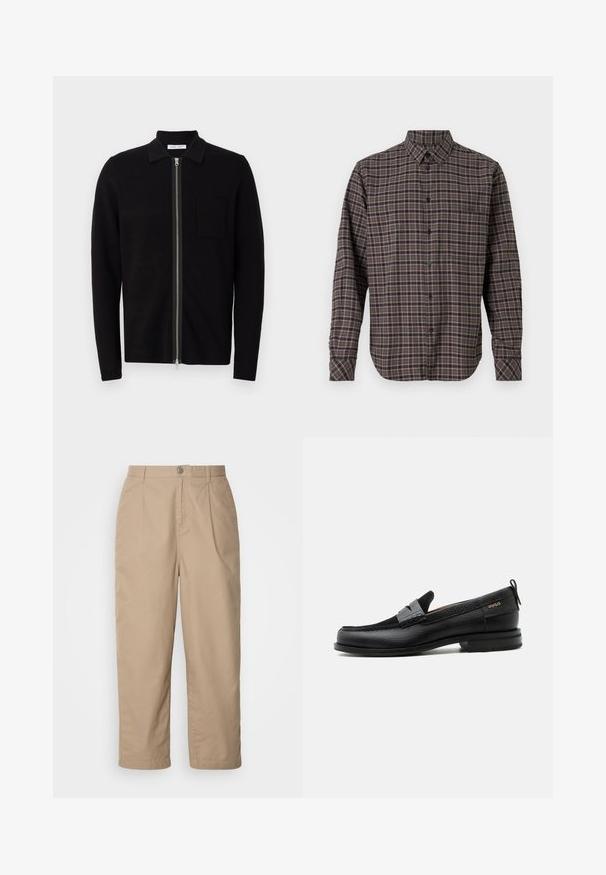 Sort zip-up sweater med krave og brystlomme. Fremstillet af blødt, teksturet stof. Har en fuld længde lynlås og lange ærmer.; Langærmet flannel skjorte i mørkegrøn, med et ternet mønster med lyserøde og hvide linjer, knaplukning og en enkelt brystlomme.; Beige, lette bomuldsbukser med plisset front, knaplukning og lige ben, der har en glat tekstur og ingen synlige mønstre.; Sort læderloafer med grå remdetalje, lav hæl og tekstureret sål, mærket med "HUGO" i guld på siden.