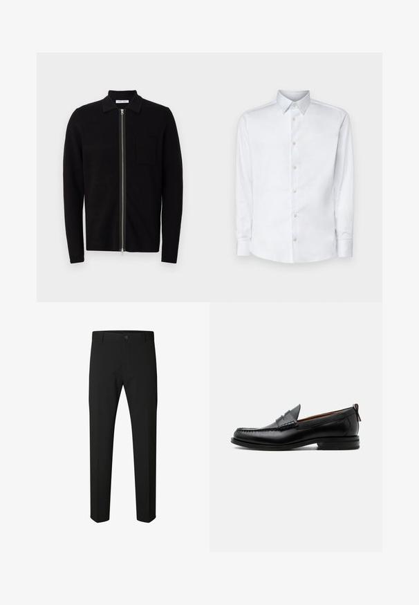 Sort zip-up sweater med krave og brystlomme. Fremstillet af blødt, teksturet stof. Har en fuld længde lynlås og lange ærmer.; Hvid langærmet skjorte lavet af glat stof, med en klassisk krave, knaplukning og manchetter med knapper, vist på en ensfarvet baggrund.; Sorte slim-fit bukser med knap- og lynlåslukning, bæltestropper og lige ben på en hvid baggrund.; Sort læder herre loafer med moc-tå syning, penny strop, struktureret krave og lav stablet hæl på hvid baggrund.