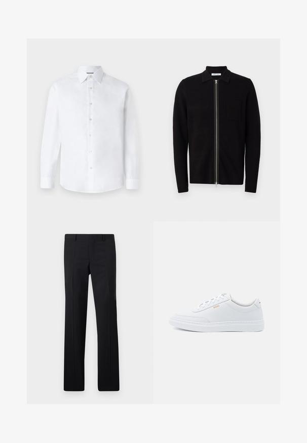 Zwarte zip-up trui met een kraag en een borstzak. Gemaakt van zachte, gestructureerde stof. Voorzien van een rits over de volle lengte en lange mouwen.; Witte lange mouwen shirt met een klassieke kraag, knopenlijst aan de voorkant en een ronde zoom. Gemaakt van gladde katoenstof zonder patronen.; Zwarte op maat gemaakte pantalon met een recht model, scherpe plooien en een gladde afwerking. Gemaakt van lichtgewicht stof met een strakke tailleband.; Witte leren sneakers met een gladde textuur, ronde neus en tonale stiksels. Voorzien van blauwe veters en een gouden logo op de zijkant.