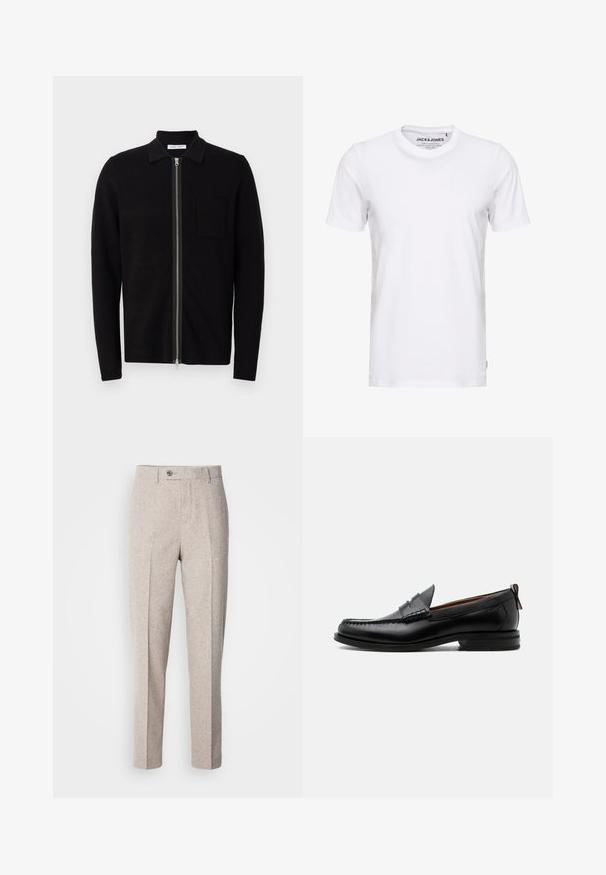 Sweat à zip noir avec col et poche poitrine. Fabriqué en tissu doux et texturé. Dispose d'un zip sur toute la longueur et de manches longues.; T-shirt blanc à manches courtes en coton, avec un col rond et un design simple. Étiquette de marque visible au niveau du cou. Aucun motif ni accent.; Pantalons en laine beige clair avec une texture lisse, coupe droite, plis sur le devant et fermeture à un bouton à la taille.; Mocassin homme en cuir noir avec couture moc toe, bride penny, col texturé et petit talon empilé sur fond blanc.
