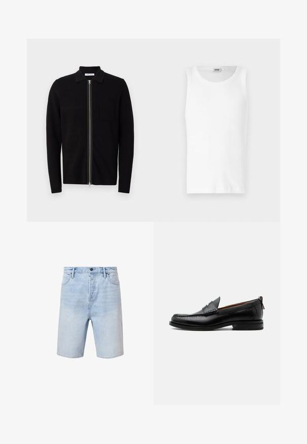 Sort zip-up sweater med krave og brystlomme. Fremstillet af blødt, teksturet stof. Har en fuld længde lynlås og lange ærmer.; Hvid bomulds tanktop uden ærmer med rund halsudskæring og en glat tekstur. Enkel design, ingen mønstre eller accenter.; Lyseblå denimshorts med regular fit, fem-lomme design og knaplukning. Har subtilt slid og syet kant.; Sort læder herre loafer med moc-tå syning, penny strop, struktureret krave og lav stablet hæl på hvid baggrund.