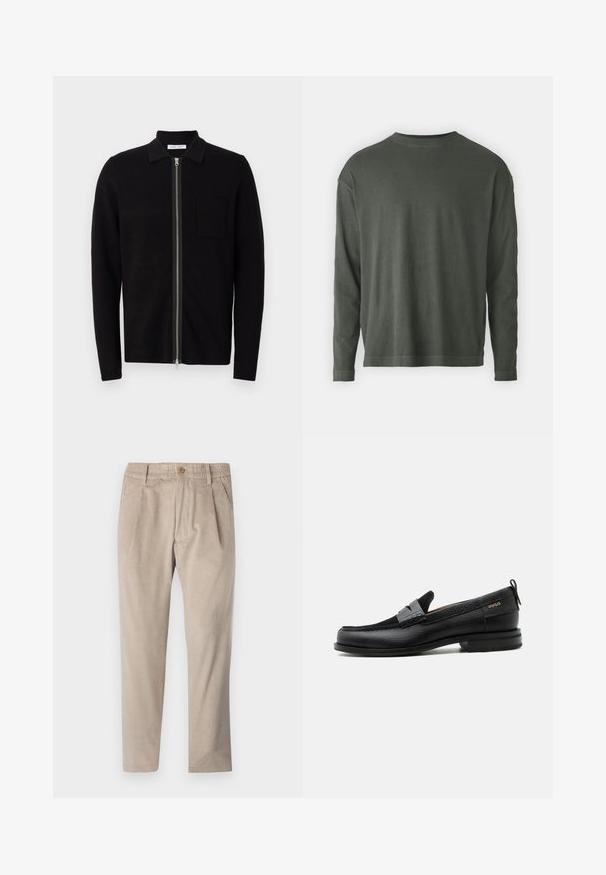 Sweat à zip noir avec col et poche poitrine. Fabriqué en tissu doux et texturé. Dispose d'un zip sur toute la longueur et de manches longues.; DRYKORN MARRIO - T-shirt à manches longues - grey; Pantalons en velours côtelé beige avec une taille élastique, fermeture à bouton et détails de plis, présentant un design à jambe droite et un tissu texturé.; Mocassin en cuir noir avec détail de bride grise, talon bas et semelle texturée, marqué "HUGO" en or sur le côté.