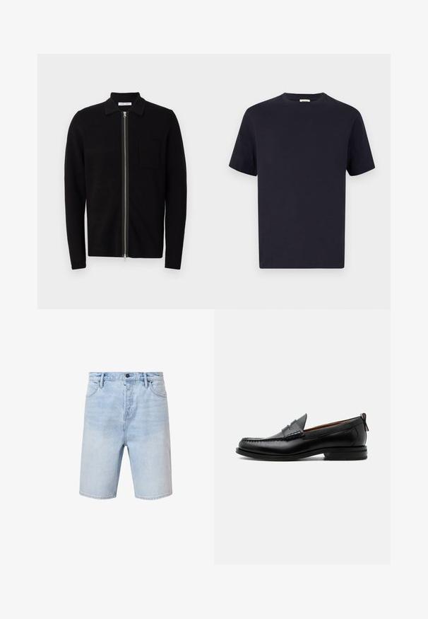 Zwarte zip-up trui met een kraag en een borstzak. Gemaakt van zachte, gestructureerde stof. Voorzien van een rits over de volle lengte en lange mouwen.; Navy blauwe katoenen T-shirt met een ronde hals, korte mouwen en een relaxte pasvorm; gladde textuur; geen zichtbare patronen of hardware.; Lichtblauwe denim shorts met een normale pasvorm, vijf zakken en een knoopsluiting. Kenmerkt subtiele vervaging en gestikte zoom.; Zwarte leren herensloffen met moc toe stiksel, pennyriem, gestructureerde kraag en lage gestapelde hak op witte achtergrond.