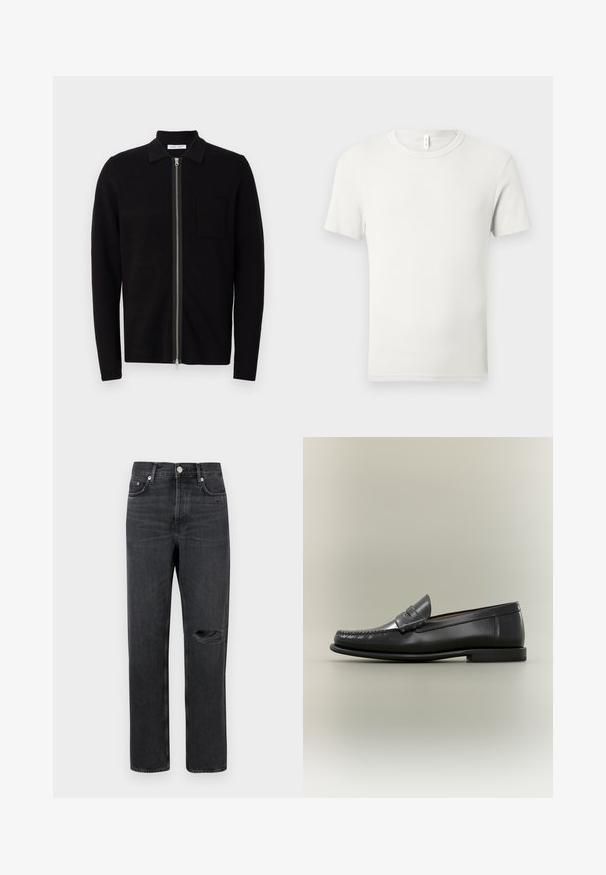 Sweat à zip noir avec col et poche poitrine. Fabriqué en tissu doux et texturé. Dispose d'un zip sur toute la longueur et de manches longues.; T-shirt blanc uni à manches courtes et col rond, étalé à plat sur un fond gris clair, avec une petite étiquette en tissu au niveau du col.; Jean en denim noir avec jambe droite, présentant un genou déchiré, un design à cinq poches et des accessoires en métal à la taille et aux poches.; Mocassin pour homme en cuir noir avec un design moc-toe, une lanière à monnaie et un talon bas sur un fond neutre.