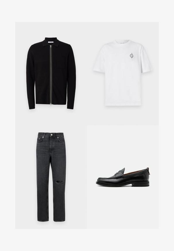 Schwarzer Reißverschluss-Pullover mit Kragen und einer Brusttasche. Hergestellt aus weichem, strukturiertem Stoff. Verfügt über einen durchgehenden Reißverschluss und lange Ärmel.; Weißes Baumwoll-T-Shirt mit lockerer Passform, das ein kleines schwarzes Grafiklogo auf der linken Brustseite aufweist. Kurze Ärmel, Rundhalsausschnitt.; Schwarze Denim-Jeans mit geradem Bein, featuring ein zerrissenes Knie, Fünf-Taschen-Design und Metallbeschläge an der Taille und den Taschen.; Schwarzer Leder-Herrenschuh mit Mokassinnaht, Penny-Riemen, strukturiertem Kragen und niedrigem gestapeltem Absatz auf weißem Hintergrund.