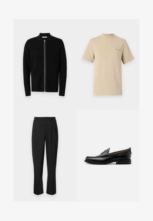 Sort zip-up sweater med krave og brystlomme. Fremstillet af blødt, teksturet stof. Har en fuld længde lynlås og lange ærmer.; Beige bomulds t-shirt med rund halsudskæring og korte ærmer. Har en diskret sort "SAMSOE" tekstlogo på brystet.; Sorte bukser med elastisk liv, knaplukning og lige ben-design. Glat stof, ingen synlige mønstre eller accenter.; Sort læder herre loafer med moc-tå syning, penny strop, struktureret krave og lav stablet hæl på hvid baggrund.