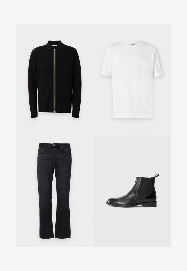 Sweat à zip noir avec col et poche poitrine. Fabriqué en tissu doux et texturé. Dispose d'un zip sur toute la longueur et de manches longues.; T-shirt en coton blanc avec un col rond, des manches courtes et des revers roulés ; design sobre, texture douce et coupe droite.; Jeans en denim noir avec une coupe droite, cinq poches et des accents de couture orange. Texture lisse et détails de décoloration minimal.; Bottine en cuir noir avec des panneaux latéraux élastiques, bout rond et tirette. Texture lisse, semelle plate, design minimaliste.