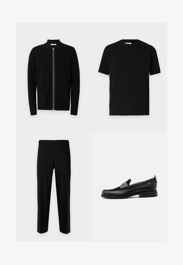 Sort zip-up sweater med krave og brystlomme. Fremstillet af blødt, teksturet stof. Har en fuld længde lynlås og lange ærmer.; Sort kortærmet t-shirt lavet af bomuld med rund halsudskæring og løs pasform. Glat tekstur, ingen mønstre eller synlige logoer.; Sorte bukser lavet af glat stof, med lige snit, to forlommer og lynlås med knaplukning.; Sort læderloafer med grå remdetalje, lav hæl og tekstureret sål, mærket med "HUGO" i guld på siden.