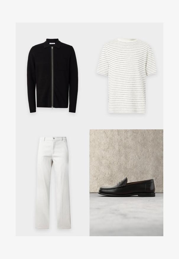 Sweat à zip noir avec col et poche poitrine. Fabriqué en tissu doux et texturé. Dispose d'un zip sur toute la longueur et de manches longues.; T-shirt blanc à manches courtes avec fines rayures noires, encolure ronde, coupe décontractée, texture douce et ourlet légèrement courbé sur les côtés.; Pantalon gris clair avec une coupe droite, fabriqué dans un tissu lisse, doté d'une fermeture à bouton à l'avant et de poches latérales.; Mocassin penny en cuir noir avec talon bas, bout arrondi et détails cousus à l'avant et sur les côtés, présenté sur un fond neutre.
