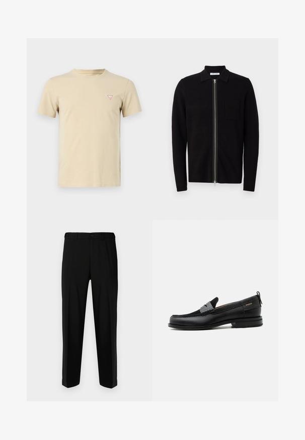 Sweat à zip noir avec col et poche poitrine. Fabriqué en tissu doux et texturé. Dispose d'un zip sur toute la longueur et de manches longues.; T-shirt en coton beige avec col rond, manches courtes, et un petit logo triangle rouge sur la poitrine gauche. Design sobre, texture douce.; Pantalon noir en tissu lisse, présentant une coupe droite, deux poches avant et une fermeture à glissière avec bouton.; Mocassin en cuir noir avec détail de bride grise, talon bas et semelle texturée, marqué "HUGO" en or sur le côté.