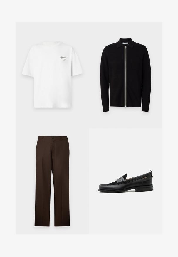 Sort zip-up sweater med krave og brystlomme. Fremstillet af blødt, teksturet stof. Har en fuld længde lynlås og lange ærmer.; Hvid kortærmet bomulds T-shirt med lille sort "ALLSAINTS" tekst og japanske tegn trykt på venstre bryst.; Brune, skræddersyede bukser med lige ben-design, knaplukning og glat stoftekstur. Ingen synlige mønstre eller accenter.; Sort læderloafer med grå remdetalje, lav hæl og tekstureret sål, mærket med "HUGO" i guld på siden.