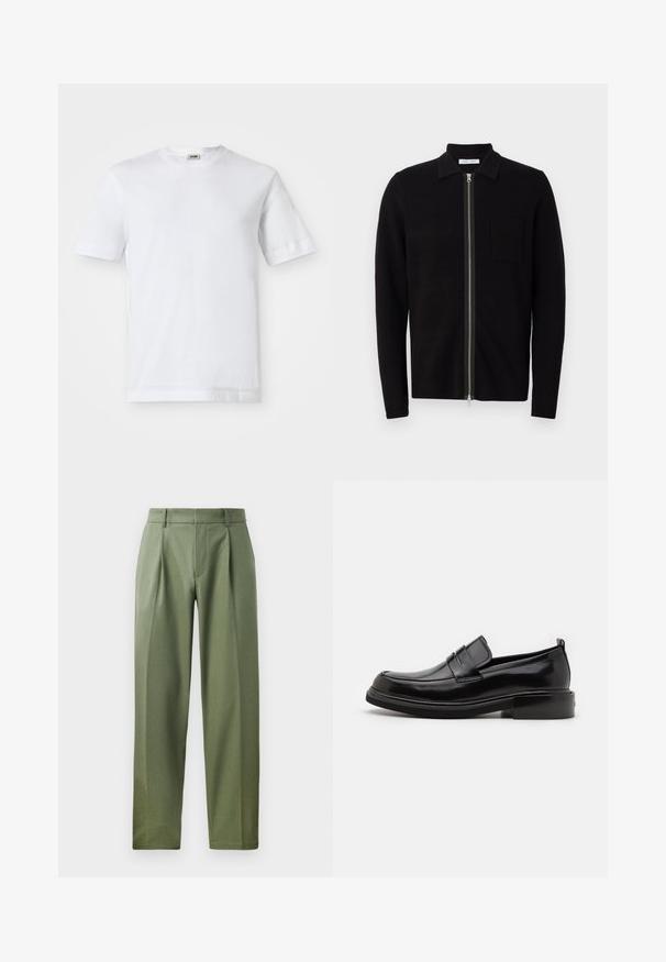 Sudadera negra con cremallera y cuello, y un bolsillo en el pecho. Fabricada en un suave tejido texturizado. Presenta una cremallera de longitud completa y mangas largas.; Camiseta de algodón blanca con mangas cortas, escote redondo y una textura suave. No se observan patrones ni detalles.; Pantalones a medida en tejido verde olivo con una textura suave, que cuentan con dos pliegues frontales, trabillas para el cinturón y un diseño de pierna recta.; Calvin Klein MOCCASIN - Mocasines elegantes - black