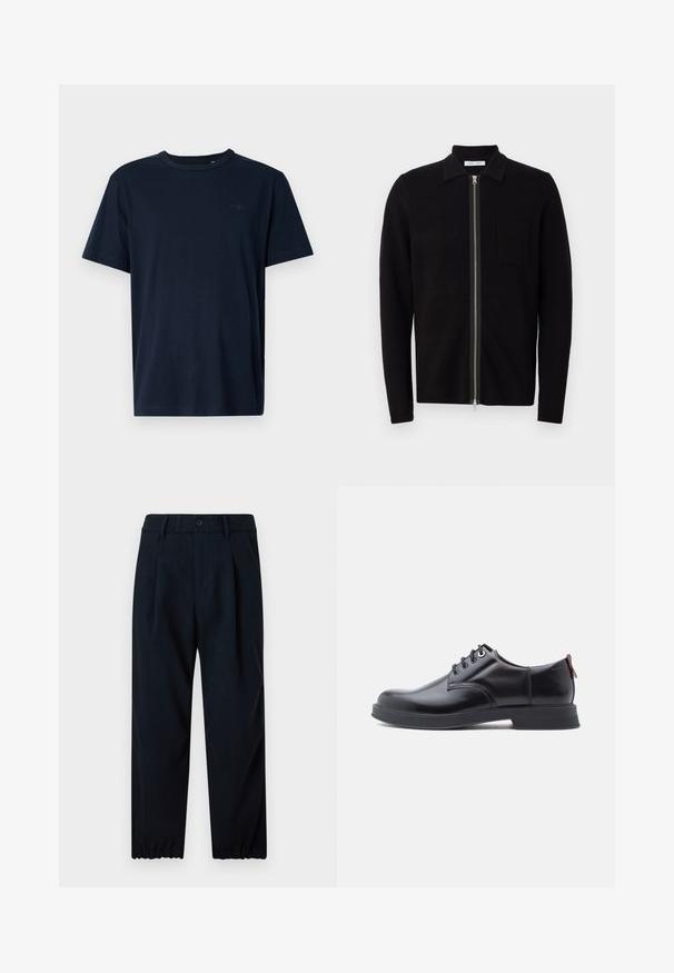 Sort zip-up sweater med krave og brystlomme. Fremstillet af blødt, teksturet stof. Har en fuld længde lynlås og lange ærmer.; Mørkeblå kortærmet t-shirt lavet af blødt stof med en rund halsudskæring, prydet med et lille logo og året "1962" trykt på brystet.; Navyblå bukser lavet af glat stof, med en tætsiddende talje med elastik og en tapered ben med elastiske manchetter ved anklerne.; Sorte snørestøvler i læder med glat tekstur, rundet tå og diskrete syningsdetaljer. Har en rød trækflig på hælen.
