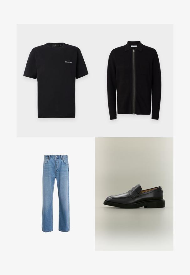 Sort zip-up sweater med krave og brystlomme. Fremstillet af blødt, teksturet stof. Har en fuld længde lynlås og lange ærmer.; Sort kortærmet T-shirt med rund halsudskæring og lille hvid "BELSTAFF" logo på venstre bryst mod en ensfarvet baggrund.; Lyseblå denim jeans med lige ben-design, fem lommer, knaplukning, minimal falming og kontraststingdetaljer.; Sort læder herreloafer med lav hæl og en remdetalje over vristen, vist i profil på en neutral baggrund.