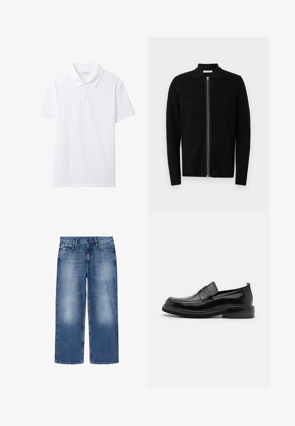 Sudadera negra con cremallera y cuello, y un bolsillo en el pecho. Fabricada en un suave tejido texturizado. Presenta una cremallera de longitud completa y mangas largas.; Polo blanco de manga corta con cuello y tapeta de tres botones, parte delantera lisa y una pequeña etiqueta de Calvin Klein Jeans dentro del cuello.; Vaqueros azules desvaídos de corte recto con cinco bolsillos y cierre de botones, mostrados planos sobre fondo blanco.; Calvin Klein MOCCASIN - Mocasines elegantes - black