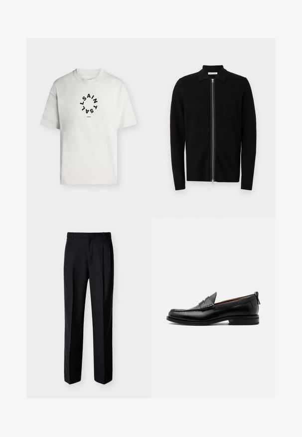 Schwarzer Reißverschluss-Pullover mit Kragen und einer Brusttasche. Hergestellt aus weichem, strukturiertem Stoff. Verfügt über einen durchgehenden Reißverschluss und lange Ärmel.; Weißes T-Shirt mit kurzen Ärmeln und rundem Halsausschnitt, mit schwarzem kreisförmigem Text "SAINT LAINT" und "LONDON" unter dem Kreis.; Schwarze, maßgeschneiderte Hose mit geradem Schnitt, Falten vorne und seitlichen Taschen. Hergestellt aus einem glatten, leichten Stoff mit einfarbigem Muster.; Schwarzer Leder-Herrenschuh mit Mokassinnaht, Penny-Riemen, strukturiertem Kragen und niedrigem gestapeltem Absatz auf weißem Hintergrund.