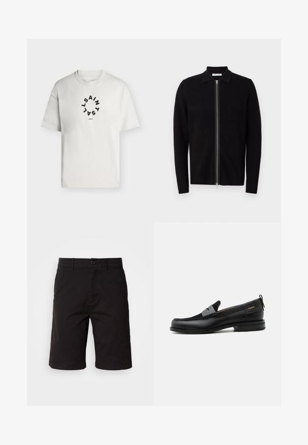 Sort zip-up sweater med krave og brystlomme. Fremstillet af blødt, teksturet stof. Har en fuld længde lynlås og lange ærmer.; Hvid T-shirt med korte ærmer og rund halsudskæring med sort cirkulær tekst, der staver "SAINT LAINT" og "LONDON" under cirklen.; Sorte shorts lavet af et letvægtsstof, med knaplukning foran, bæltesløjfer, sidelommer og lige snit med omslag på kanterne.; Sort læderloafer med grå remdetalje, lav hæl og tekstureret sål, mærket med "HUGO" i guld på siden.