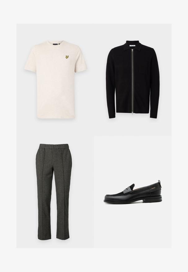 Schwarzer Reißverschluss-Pullover mit Kragen und einer Brusttasche. Hergestellt aus weichem, strukturiertem Stoff. Verfügt über einen durchgehenden Reißverschluss und lange Ärmel.; Beige kurzärmeliges T-Shirt mit Rundhalsausschnitt und kleinem gelbem Vogel-Logo auf der linken Brust, vor einfarbigem Hintergrund dargestellt.; Graue maßgeschneiderte Hose aus strukturiertem Stoff, mit elastischem Bund, geraden Beinen und Falten in der Vorderseite.; Schwarzer Lederloafer mit grauem Riemendetail, niedrigem Absatz und strukturierter Sohle, seitlich mit „HUGO“ in Gold gebrandmarkt.