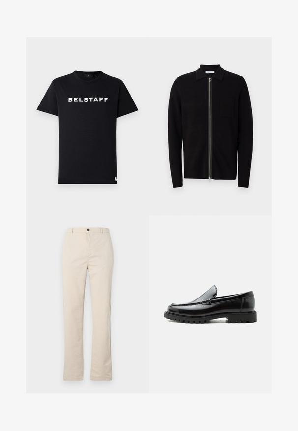 Schwarzer Reißverschluss-Pullover mit Kragen und einer Brusttasche. Hergestellt aus weichem, strukturiertem Stoff. Verfügt über einen durchgehenden Reißverschluss und lange Ärmel.; Schwarzes Baumwoll-T-Shirt mit Rundhalsausschnitt, kurzen Ärmeln und weißem "BELSTAFF"-Logo, das über die Brust gedruckt ist.; Helle beige Baumwollhose mit geradem Bein, vorn mit Knopfverschluss, Reißverschluss und minimalen Nähten.; Schwarzer Lederloafer mit grober Gummisohle, genähter Oberseite und geprägtem Markennamen an der Ferse, seitlich auf weißem Hintergrund gezeigt.