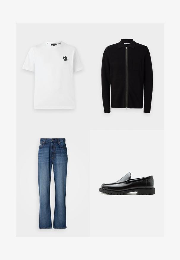 Zwarte zip-up trui met een kraag en een borstzak. Gemaakt van zachte, gestructureerde stof. Voorzien van een rits over de volle lengte en lange mouwen.; Witte katoenen t-shirt met een v-hals, voorzien van een kleine zwarte bloemenprint op de linker borst. Korte mouwen met een losse pasvorm.; Blauwe denim jeans met een hoge taille, uitlopende pijpen, vijf-vaks ontwerp en tonale stiksels. Bevat een knopenfly en gestikte zakken.; Zwarte leren loafer met dikke rubberen zool, gestikte bovenkant en gegraveerde merknaam op de hiel, zijaanzicht op witte achtergrond.