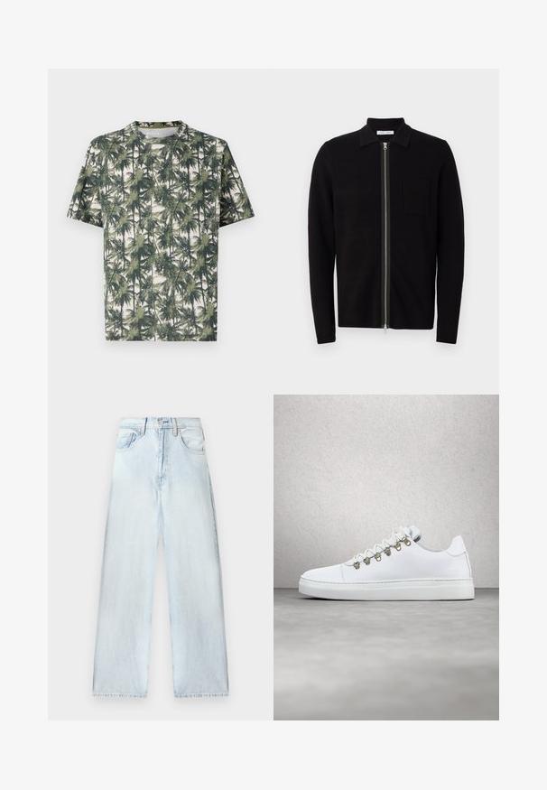 Sort zip-up sweater med krave og brystlomme. Fremstillet af blødt, teksturet stof. Har en fuld længde lynlås og lange ærmer.; Kortærmet T-shirt i blødt stof med palmeprint. Dominerende farver inkluderer grøn og beige, med en afslappet pasform og rund hals.; Lysblå denimbukser med løst fit, høj talje, fem-lomme design og lige ben. Fadede teksturer med synlige sømdetaljer.; Hvide læder sneakers med en glat tekstur, udstyret med guld metal øjer, flade hvide snørebånd og en tyk hvid sål. Minimalistisk design.
