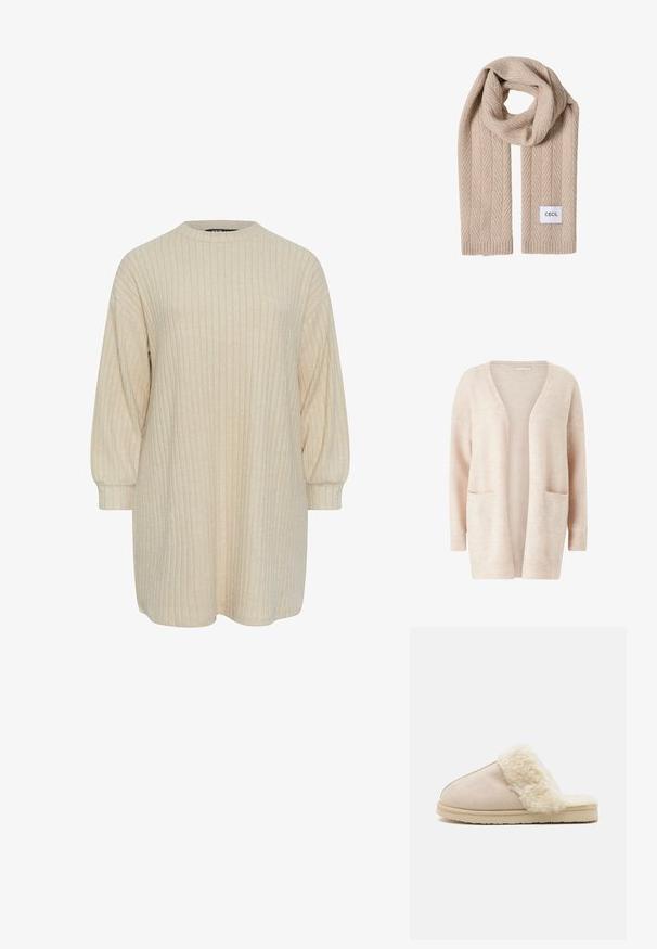 Lys pink cardigan lavet af blødt strikket stof, med en bred V-udskæring, åben front, lange ærmer og to forreste patch-lommer.; Beige ribbet kjole med høj rund halsudskæring og lange puffærmer. Blød tekstur, knælang længde og subtil vertikal mønsterdetalje.; Bianco BIASWEETIE SLIPPER - Hjemmesko - beige; Beige strikket tørklæde med et fiskebensmønster og ribbet tekstur. Har et lille hvidt mærke med "CECIL" i sort tekst.
