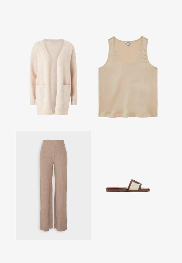Cárdigan de color rosa claro hecho de un tejido de punto suave, con un amplio escote en V, front abierto, mangas largas y dos bolsillos tipo parche en la parte delantera.; Reiss REGULAR FIT - Blusa - neutral; Pantalones de pierna ancha de canalé en color beige con una cinturilla alta y textura suave, que presentan un corte holgado y sin cierres visibles.; Sandalia deslizante de cuero marrón con una parte superior de tejido beige, suela plana y punta redondeada. El diseño incluye un acento con el logo en la correa.