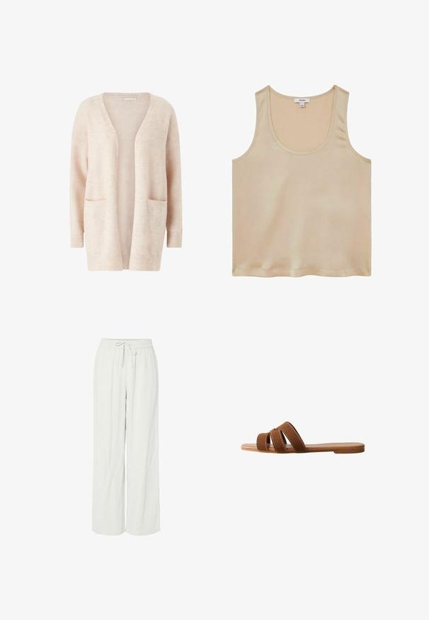 Cárdigan de color rosa claro hecho de un tejido de punto suave, con un amplio escote en V, front abierto, mangas largas y dos bolsillos tipo parche en la parte delantera.; Reiss REGULAR FIT - Blusa - neutral; Pantalones de pierna ancha en gris claro, confeccionados en una suave tela texturizada. Cuentan con una cinturilla elástica con cordón ajustable para un ajuste personalizable.; Sandalia tipo slide de ante marrón con tres correas superpuestas, suela plana y costuras blancas en contraste en las correas para detalle.