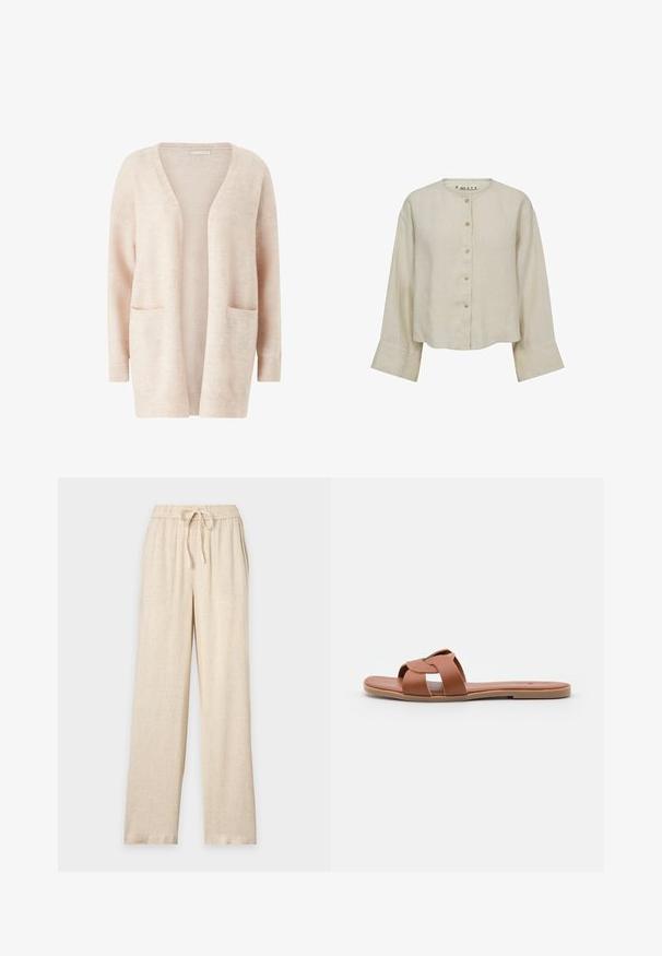 Cárdigan de color rosa claro hecho de un tejido de punto suave, con un amplio escote en V, front abierto, mangas largas y dos bolsillos tipo parche en la parte delantera.; Blusa beige de lino de manga larga con escote redondo y seis botones delanteros, corte holgado con puños anchos.; Pantalones anchos beige con cintura elástica y cordón, hechos de una tela ligera y texturizada.; Sandalias planas marrones hechas de cuero suave con un diseño de tiras cruzadas, que cuentan con una suela plana y un estilo minimalista.