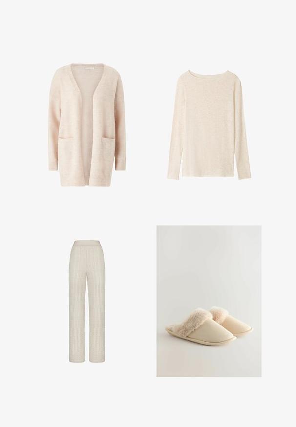 Lys pink cardigan lavet af blødt strikket stof, med en bred V-udskæring, åben front, lange ærmer og to forreste patch-lommer.; Langærmet, lysebeige striktop med bådudskæring og subtil meleret tekstur.; Lys beige kabelstrikkede bukser med en bred talje, der har hævede teksturmønstre og en afslappet, lige pasform.; Beige hjemmesko med en blød pelskant, afrundet tådesign og struktureret stof. Sålen er flad og fleksibel.