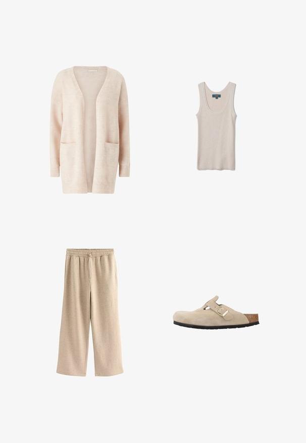 Cárdigan de color rosa claro hecho de un tejido de punto suave, con un amplio escote en V, front abierto, mangas largas y dos bolsillos tipo parche en la parte delantera.; Camiseta sin mangas beige de punto acanalado con escote redondo, mostrada extendida con etiqueta de la marca OVS dentro del cuello trasero.; Pantalones de pierna ancha beige fabricados con una tela suave, con una cinturilla elástica y cordones, y una sutil textura moteada en toda su superficie.; Zueco de ante beige sin cordones con punta redonda, correa ajustable, plantilla de corcho y suela de goma negra para mayor agarre.