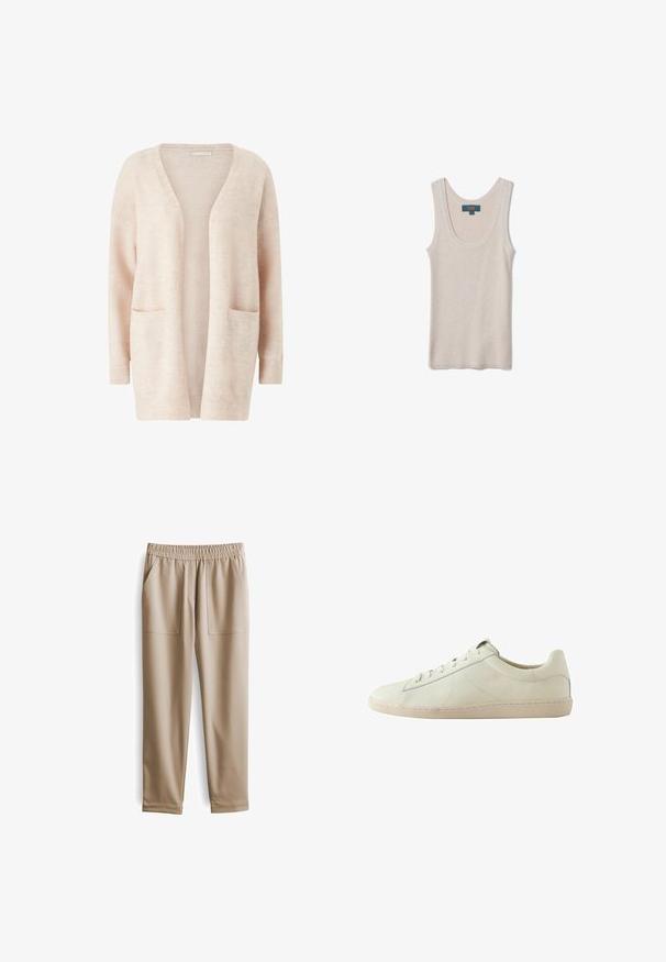 Lichtroze cardigan van zacht gebreid materiaal, met een brede V-hals, open voorkant, lange mouwen en twee voorzakken.; Mouwloos beige geribd gebreid topje met ronde halslijn, plat weergegeven met het OVS-merklabel aan de binnenkant van de achterkraag.; Beige elastische broeken met een tailleband, twee voorzakken, taps toelopende pijpen en een gladde textuur, geschikt voor casual kleding.; Witte leren lage sneaker met een textuur oppervlak, vetersluiting en een beige rubberen zool, zijaanzicht op een witte achtergrond.