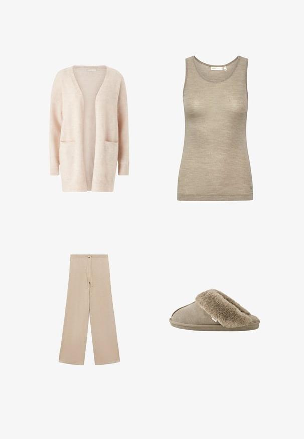 Helles rosa Cardigan aus weichem Strickstoff, mit weitem V-Ausschnitt, offener Front, langen Ärmeln und zwei aufgesetzten Taschen vorne.; Beige ärmelloses Tanktop aus weichem, strukturiertem Stoff, mit rundem Halsausschnitt und einem leicht taillierten Design mit minimalen Nähdetails.; Beige weit geschnittene Hose aus weichem Stoff, mit einem Kordelzugbund und glatter Textur, ohne Muster oder zusätzliche Hardware.; Beiger Hausschuh zum Hineinschlüpfen mit weichem, plüschigem Fellbesatz rund um die Öffnung und einer aussenseitig velourslederähnlichen Sohle.