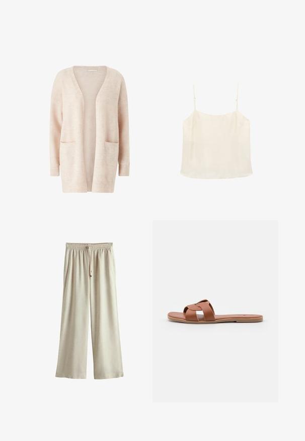 Lichtroze cardigan van zacht gebreid materiaal, met een brede V-hals, open voorkant, lange mouwen en twee voorzakken.; Crèmekleurig mouwloos camisettopje met dunne verstelbare bandjes en een rechte halslijn op een witte achtergrond.; Beige broek met wijde pijpen, elastische tailleband en verstelbare trekkoord, gemaakt van lichtgewicht stof voor casual gebruik.; Bruine platte sandaalslippers van soepel leer met een kruissprayontwerp, met een vlakke zool en een minimalistische stijl.