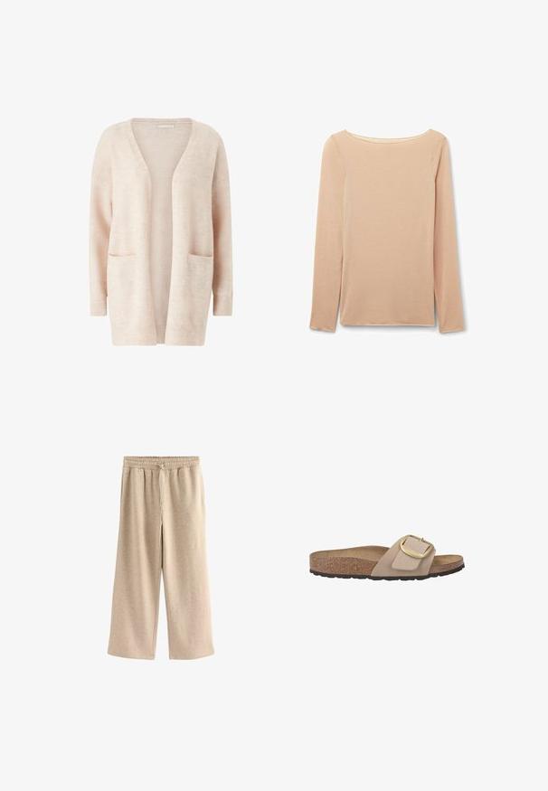 Lys pink cardigan lavet af blødt strikket stof, med en bred V-udskæring, åben front, lange ærmer og to forreste patch-lommer.; Langærmet top i lys beige, lavet af blødt stof. Har en bred, scoop halsudskæring og lige kant med subtile sideslids.; Cremefarvede breddebenede bukser lavet af blødt bomuldsblandingsstof. Har en elastisk talje med snor og en subtil plettet tekstur.; Beige slidesandal med en korkfodersål, tekstureret gummisål og en stor guldtonet spændeaccent på en glat rem.