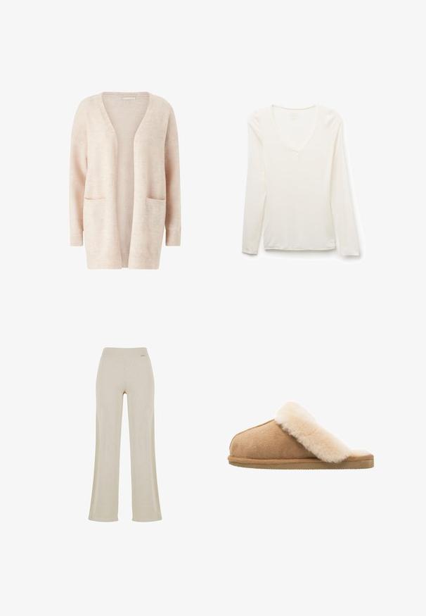 Cárdigan de color rosa claro hecho de un tejido de punto suave, con un amplio escote en V, front abierto, mangas largas y dos bolsillos tipo parche en la parte delantera.; Camiseta blanca de manga larga con cuello en V, ajuste slim, colocada plana sobre un fondo blanco.; Pantalones de pierna ancha beige con una suave textura acanalada, cinturilla elástica y sin adornos visibles, que ofrecen una silueta relajada.; Zapatilla de ante de color beige, con un suave forro de piel de oveja crema. Cuenta con una suela de goma plana y texturizada para mayor agarre.