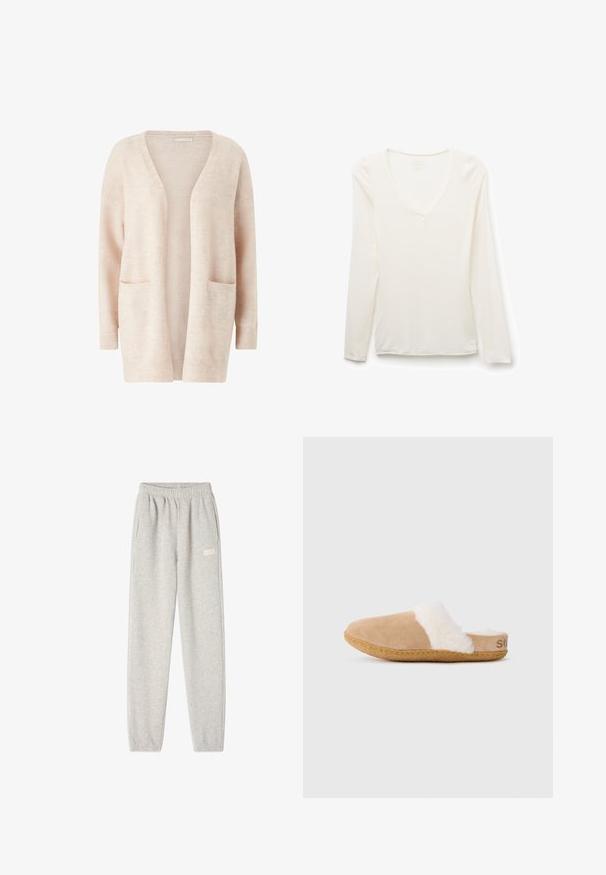 Lys pink cardigan lavet af blødt strikket stof, med en bred V-udskæring, åben front, lange ærmer og to forreste patch-lommer.; Hvid V-hals skjorte med lange ærmer, slim fit, lagt fladt på en hvid baggrund.; Grå sweatpants lavet af blød bomuldsblanding, med elastisk talje, sidelommer og et lille logo på venstre lår.; Tannubuck slip-on tøfler med hvid fluffy foring og gummisål, vist i profilen til siden på hvid baggrund.