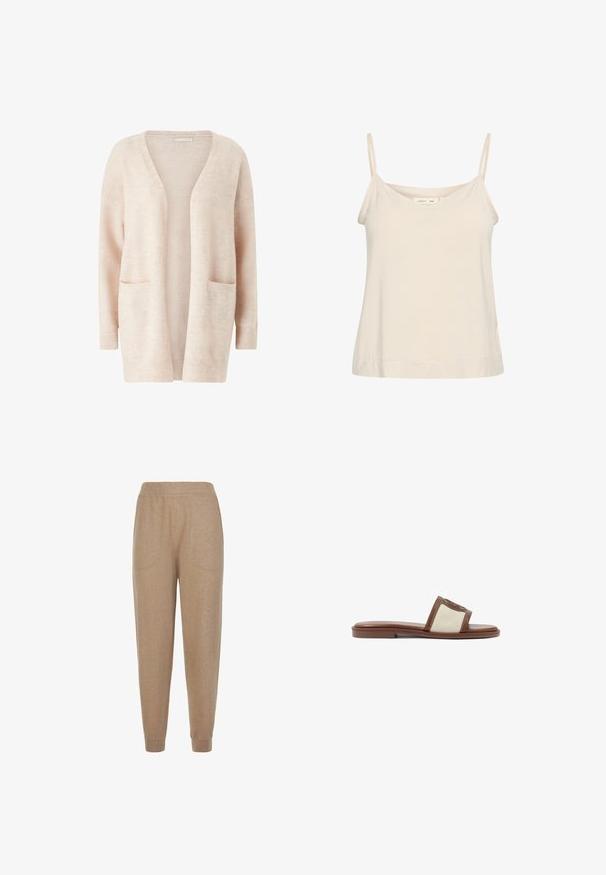 Lys pink cardigan lavet af blødt strikket stof, med en bred V-udskæring, åben front, lange ærmer og to forreste patch-lommer.; Lys beige cami lavet af blødt stof, med tynde justerbare stropper og en V-udskæring med en let afslappet pasform.; Beige strikkede bukser med elastisk taljebånd, sidelommer og ribkant ved anklerne.; Brune læderslidesandal med en beige vævet overdel, flad sål og rund tå. Designet inkluderer en logoakcent på remmen.