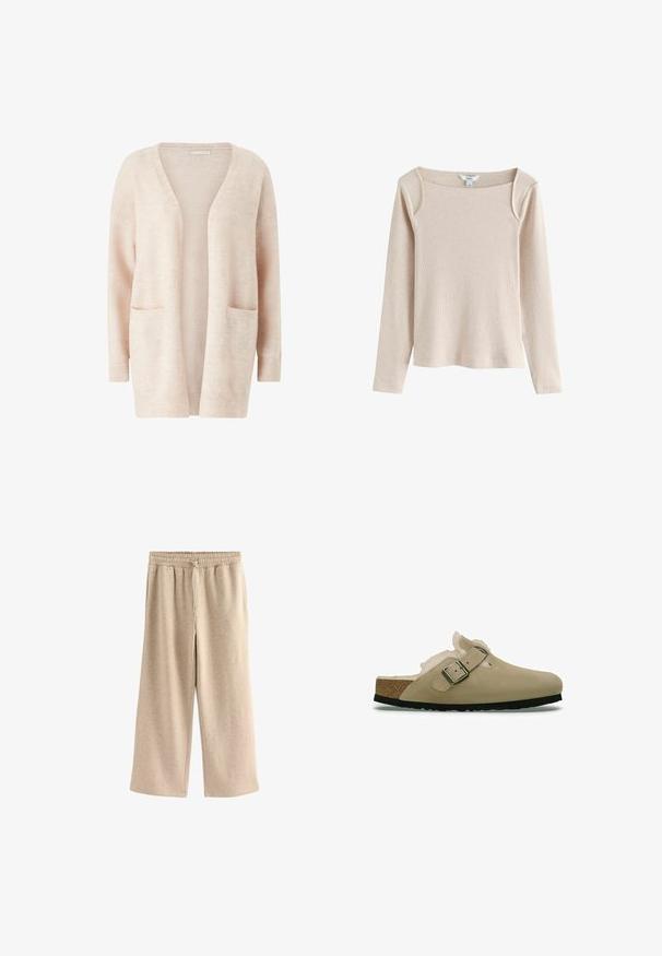 Cardigan rose clair en tissu tricot doux, avec un large col en V, une ouverture sur le devant, des manches longues et deux poches plaquées à l'avant.; Haut beige à manches longues en maille côtelée avec encolure carrée et léger détail aux épaules, présenté sur fond blanc.; Pantalons larges de couleur crème en tissu doux en mélange de coton. Ils présentent une taille élastique avec cordon de serrage et une texture subtilement mouchetée.; Sabots beiges avec une tige en suède lisse, une doublure en fausse fourrure douce et une boucle sur le côté. Semelle intérieure en liège, semelle en caoutchouc noir et design de bout arrondi.