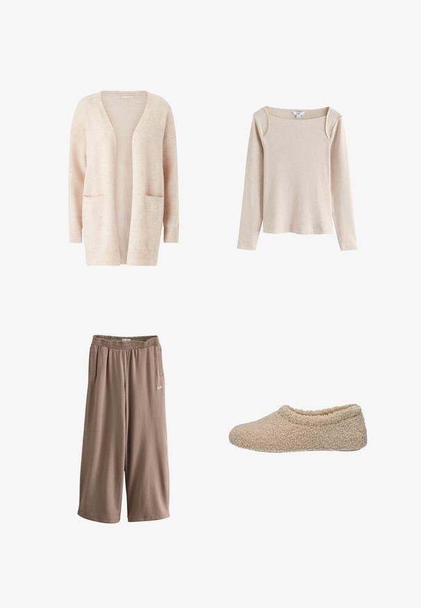 Cardigan rose clair en tissu tricot doux, avec un large col en V, une ouverture sur le devant, des manches longues et deux poches plaquées à l'avant.; Haut beige à manches longues en maille côtelée avec encolure carrée et léger détail aux épaules, présenté sur fond blanc.; Pantalon de survêtement court à jambes larges couleur taupe, taille élastique, poches latérales, avec petit logo blanc "self." sur la cuisse gauche.; Pantoufle beige avec une texture douce et duveteuse et une forme arrondie. Elle a un dos fermé et une conception à l'avant ouvert, avec une coupe basse autour de la cheville.