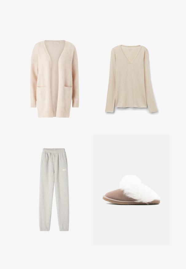 Cárdigan de color rosa claro hecho de un tejido de punto suave, con un amplio escote en V, front abierto, mangas largas y dos bolsillos tipo parche en la parte delantera.; Camiseta de manga larga con escote en V en tejido beige claro con una textura suave. Corte relajado con dobladillo recto y diseño minimalista.; Pantalones de chándal grises hechos de una suave mezcla de algodón, con una cinturilla elástica, bolsillos laterales y un pequeño logo en el muslo izquierdo.; Zapatilla deslizante de ante marrón con un grueso forro de piel sintética blanca y suela de goma estriada, mostrada de lado sobre un fondo blanco.