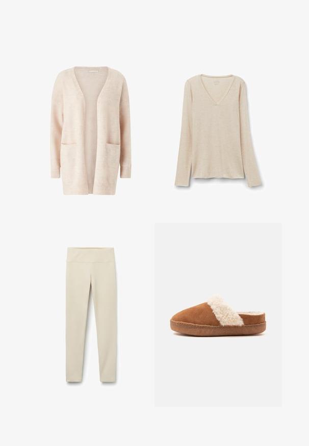 Lys pink cardigan lavet af blødt strikket stof, med en bred V-udskæring, åben front, lange ærmer og to forreste patch-lommer.; Langærmet V-hals top i lys beige stof med en blød tekstur. Afslappet pasform med lige kant og minimalistisk design.; Beige leggings med en høj, bred talje, lavet af et blødt, strækbart stof. Lige ben-design uden synlige sømme eller mønstre.; Brun slip-on tøffel med tyk sål og hvid fluffy kant, designet til indendørs komfort og varme.